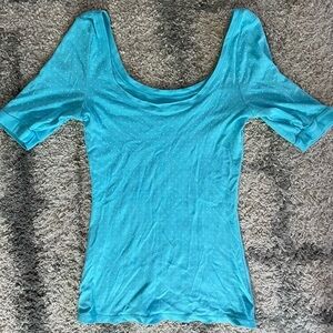 Womens blue top with white polka dots express